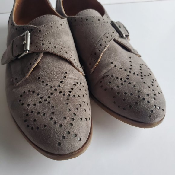 Women's Grey Suede Brogue Loafer Shoes Size 6.5 Buckle Preppy Western Academia - Picture 6 of 13